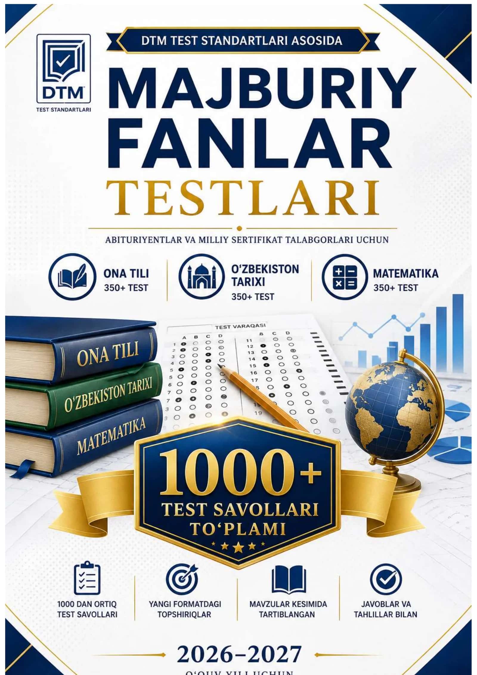 DTM MAJBURIY FANLAR TEST 1000+ 2026 YIL