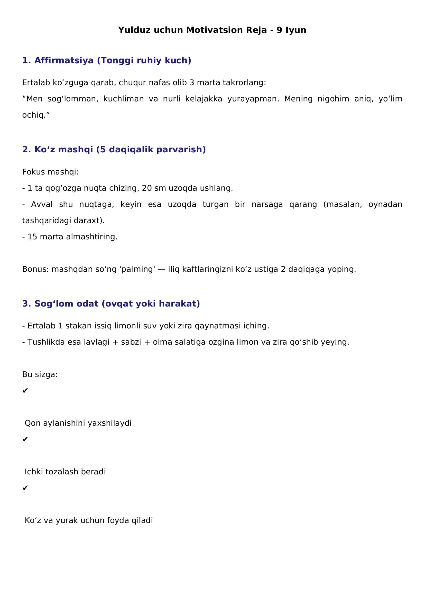 Ayollar uchun Motivatsion Reja