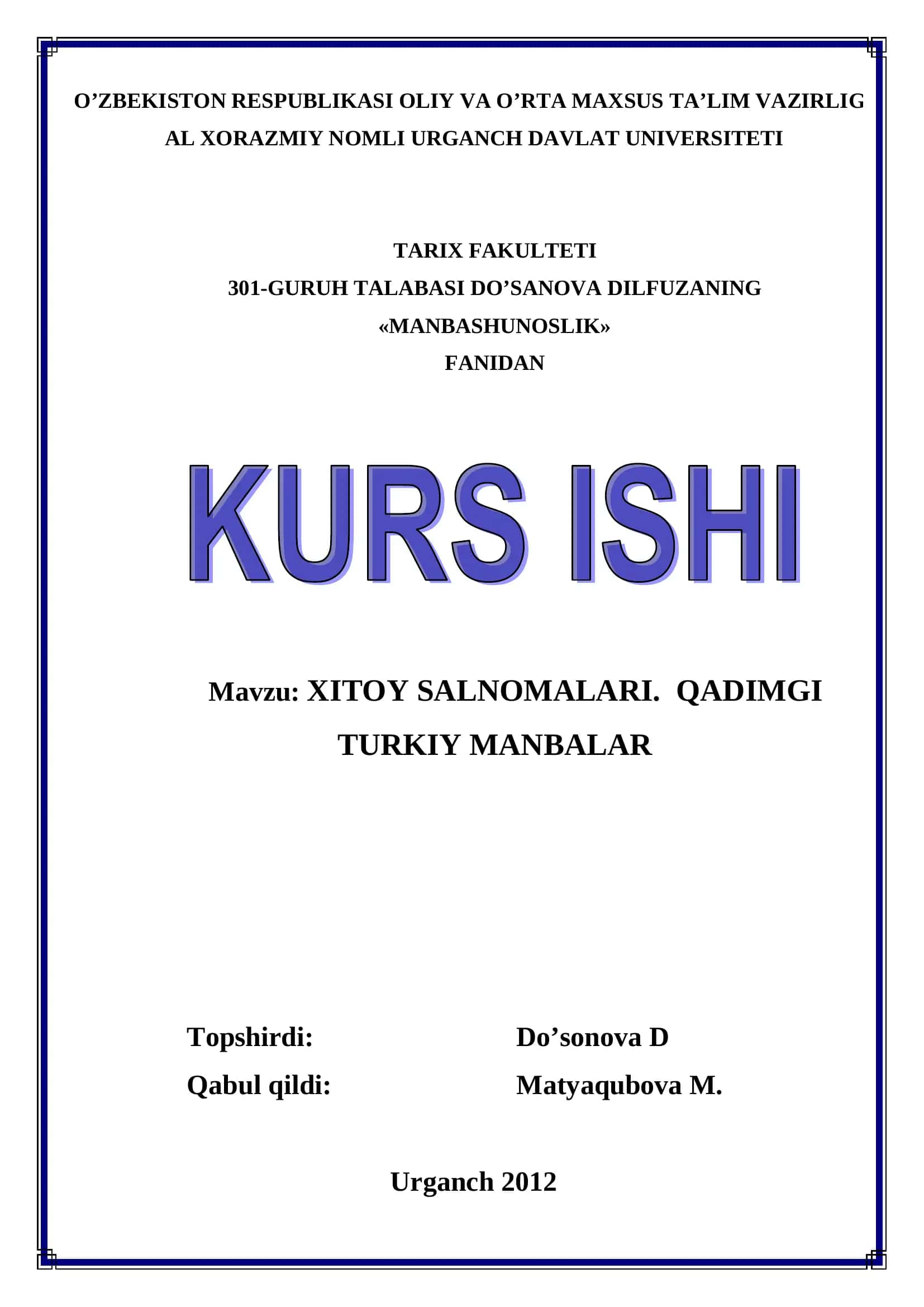 XITOY SALNOMALARI. QADIMGI TURKIY MANBALAR