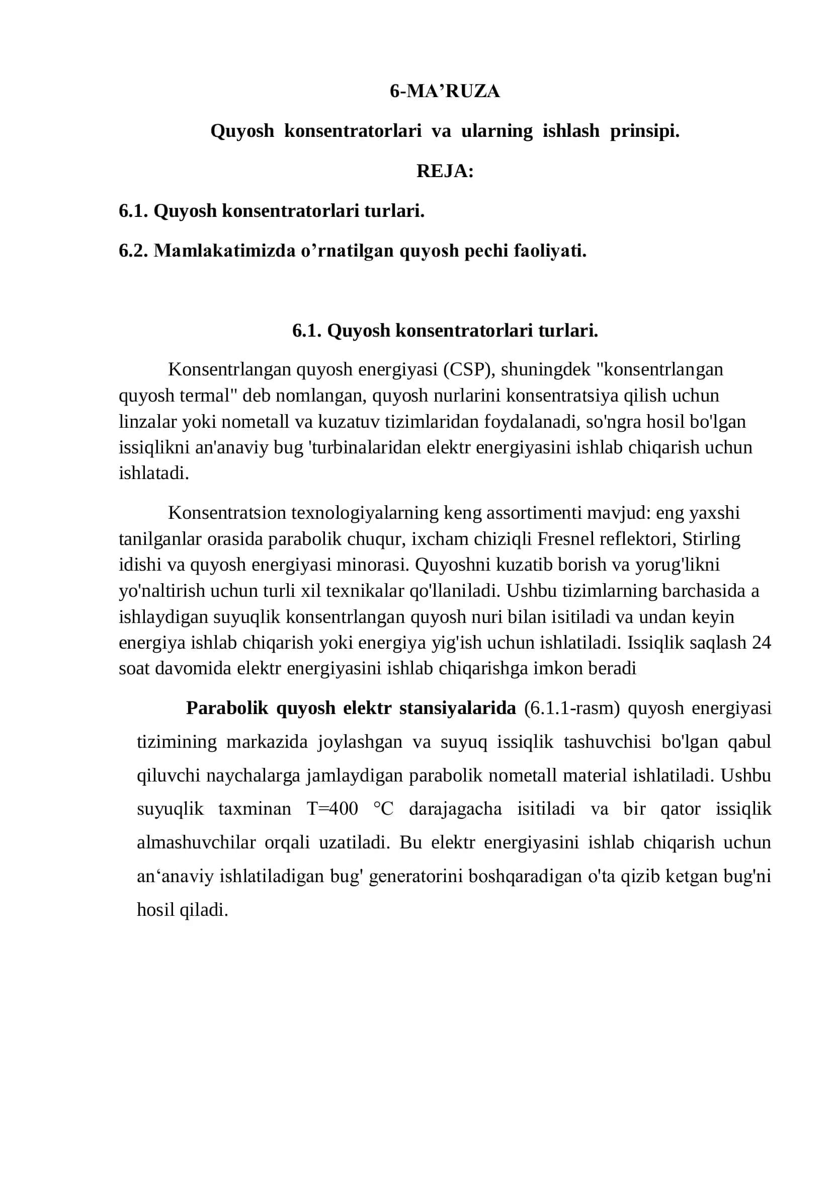 Quyosh konsentratorlari va ularning ishlash prinsipi