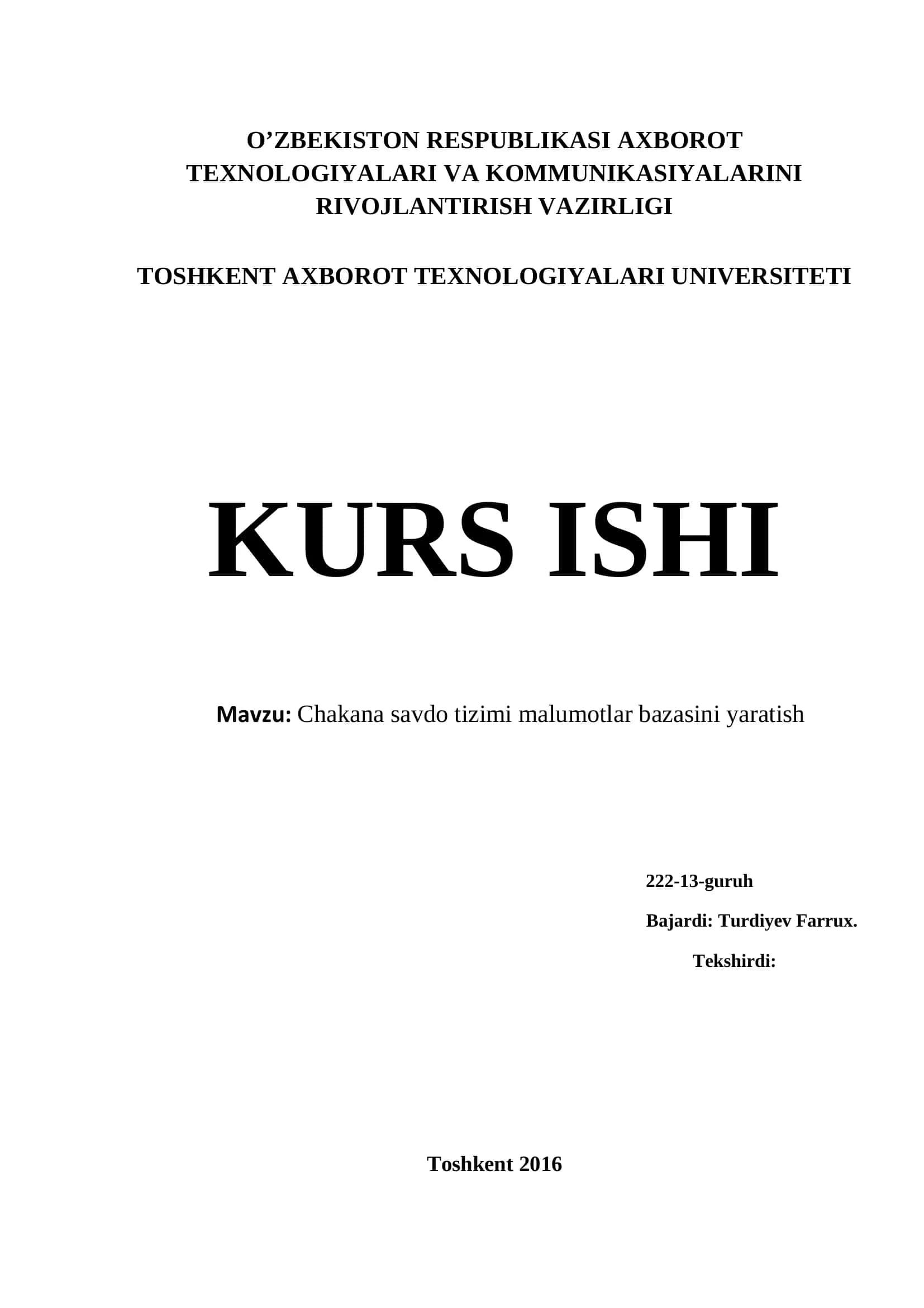 Chakana savdo tizimi malumotlar bazasini yaratish