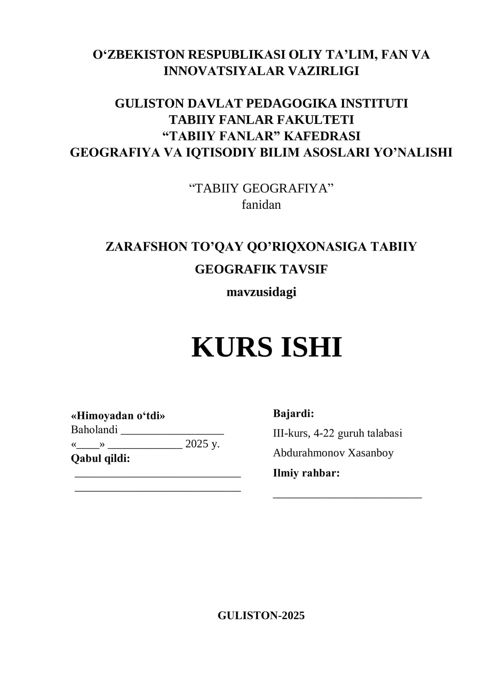 kurs ishi ZARAFSHON TO’QAY QO’RIQXONASIGA TABIIY GEOGRAFIK TAVSIF