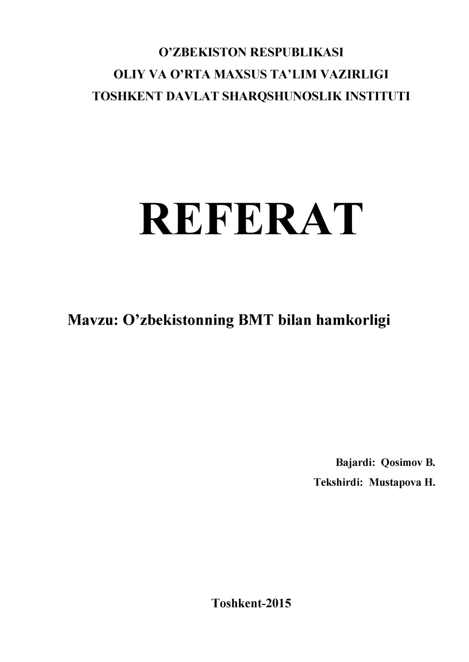 O’zbekistonning BMT bilan hamkorligi
