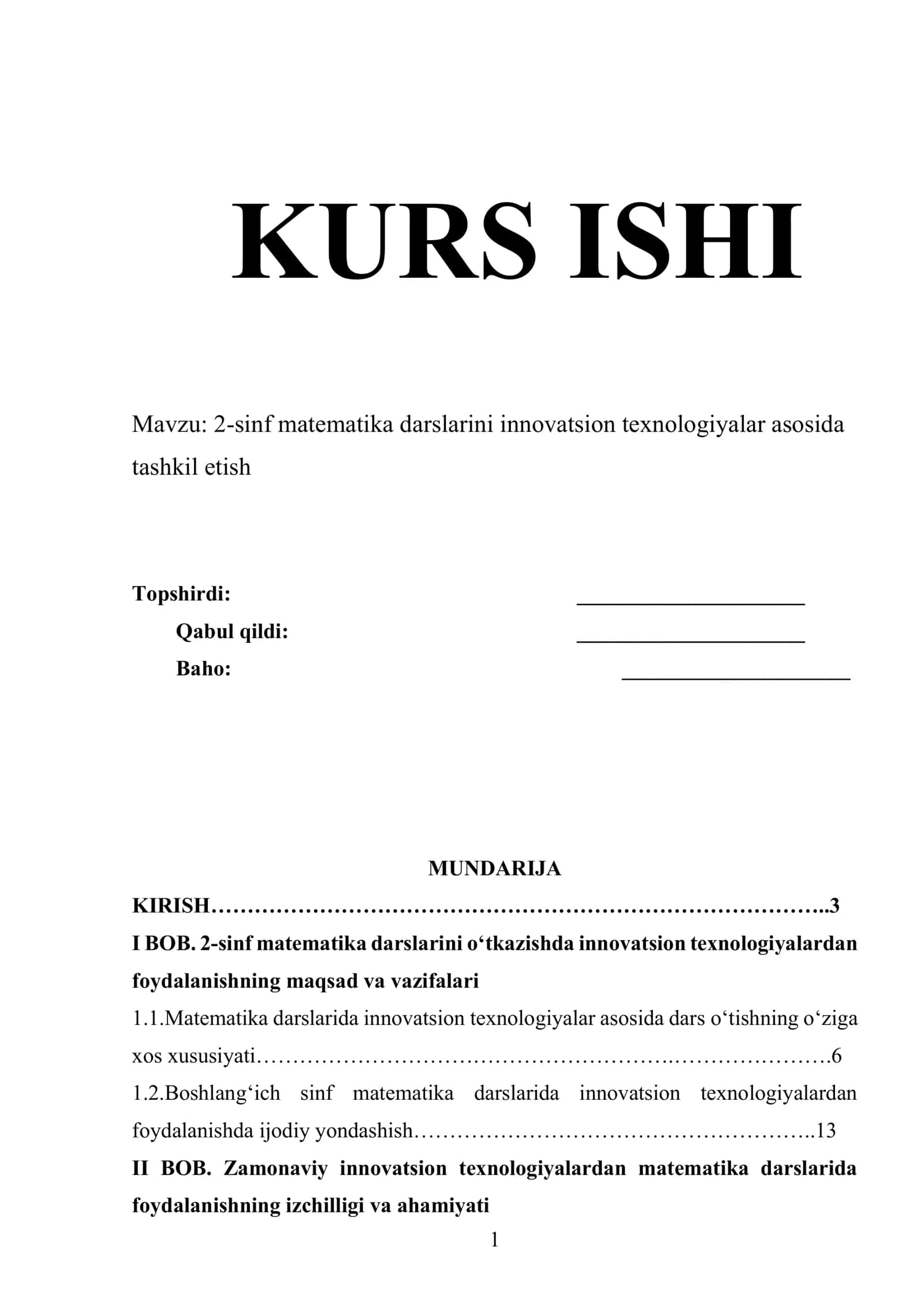 2-sinf matematika darslarini innovatsion texnologiyalar asosida tashkil etish