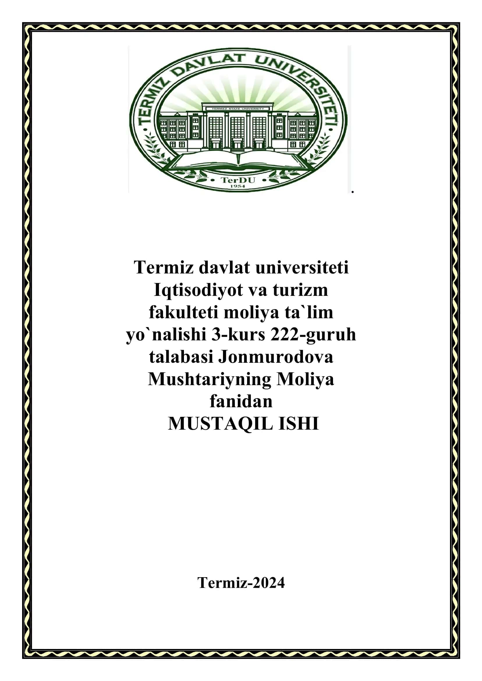 Mushtariyning Moliya fanidan MUSTAQIL ISHI