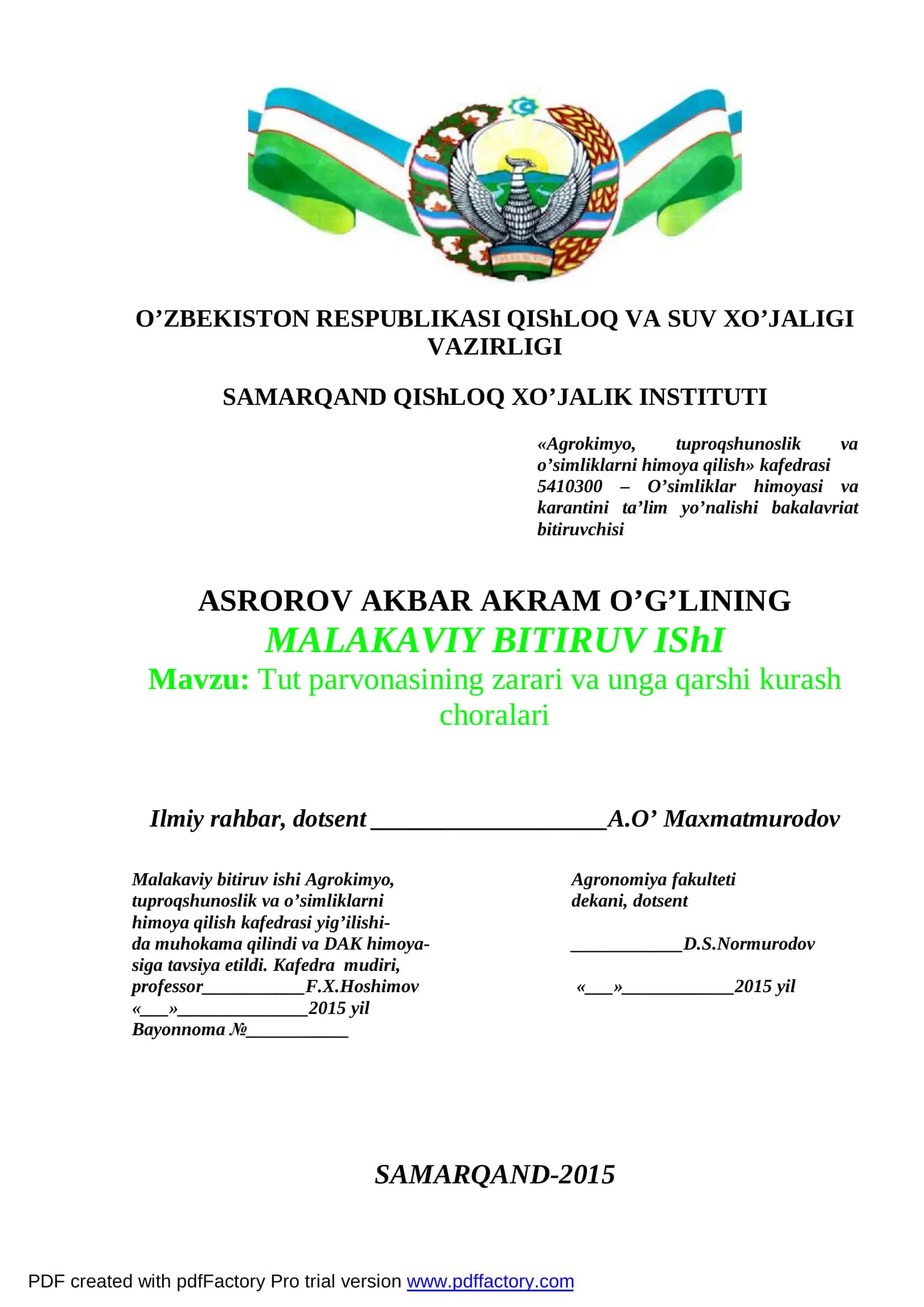 Tut parvonasining zarari va unga qarshi kurash choralari
