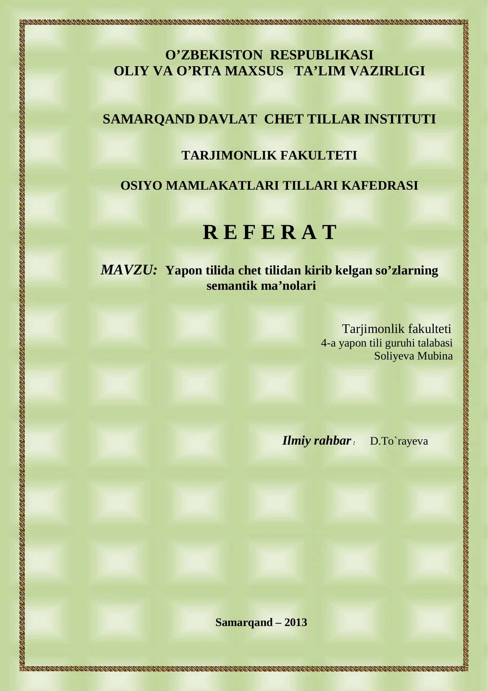 Yapon tilida chet tilidan kirib kelgan so’zlarning semantik ma’nolari