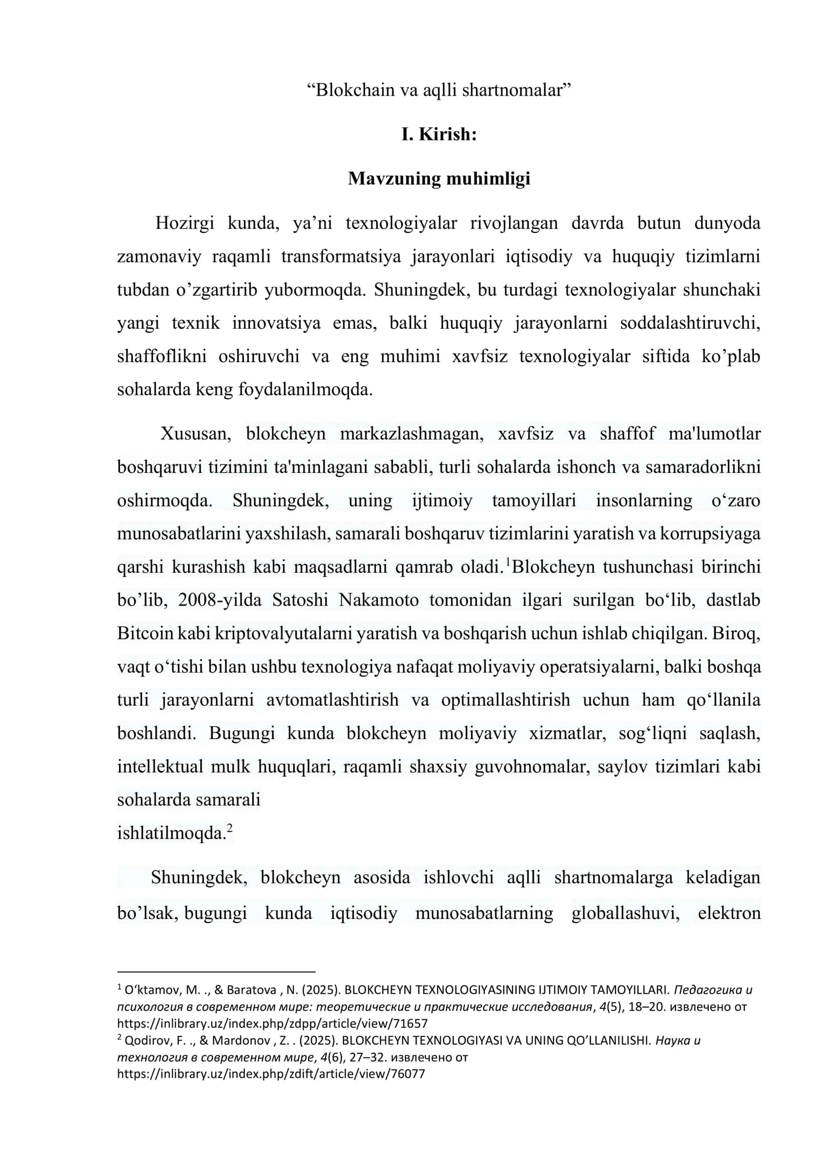 Blokcheyn va smart kontraktlar