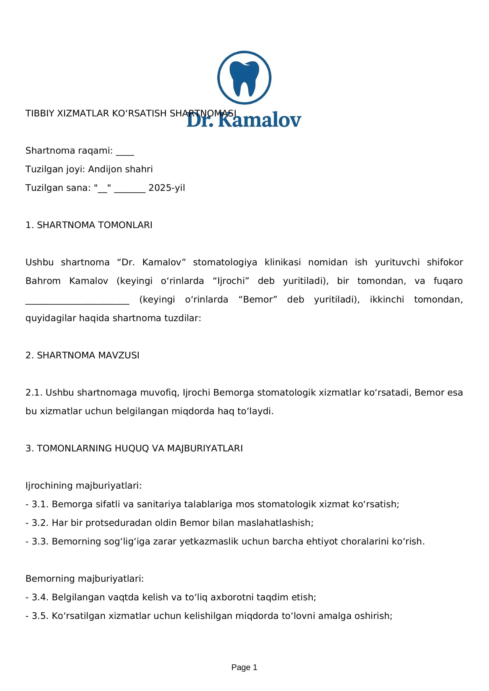 TIBBIY XIZMATLAR KO‘RSATISH SHARTNOMASI