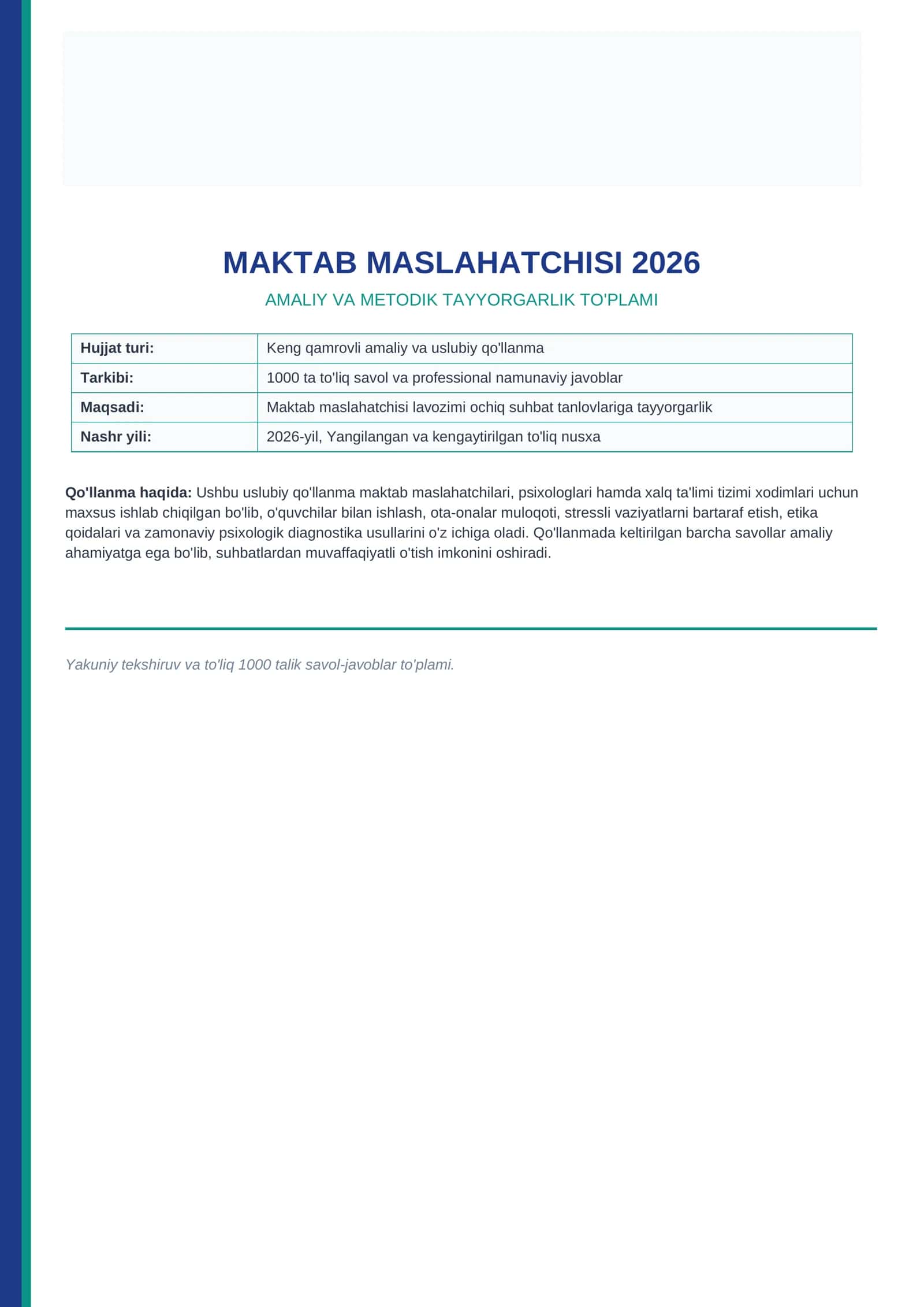 Maktab maslahatchisi 2026 — 1000 ta test, suhbat va vaziyatli savollar