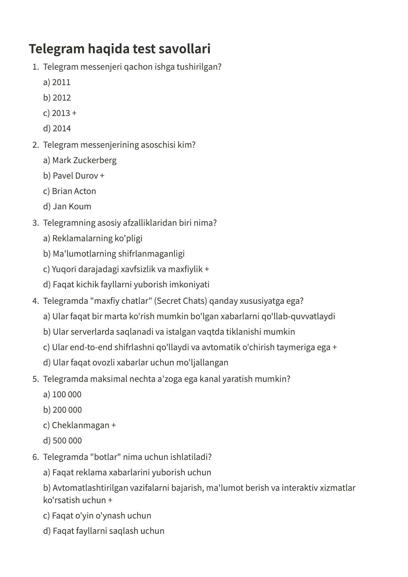 Telegram haqida test savollari