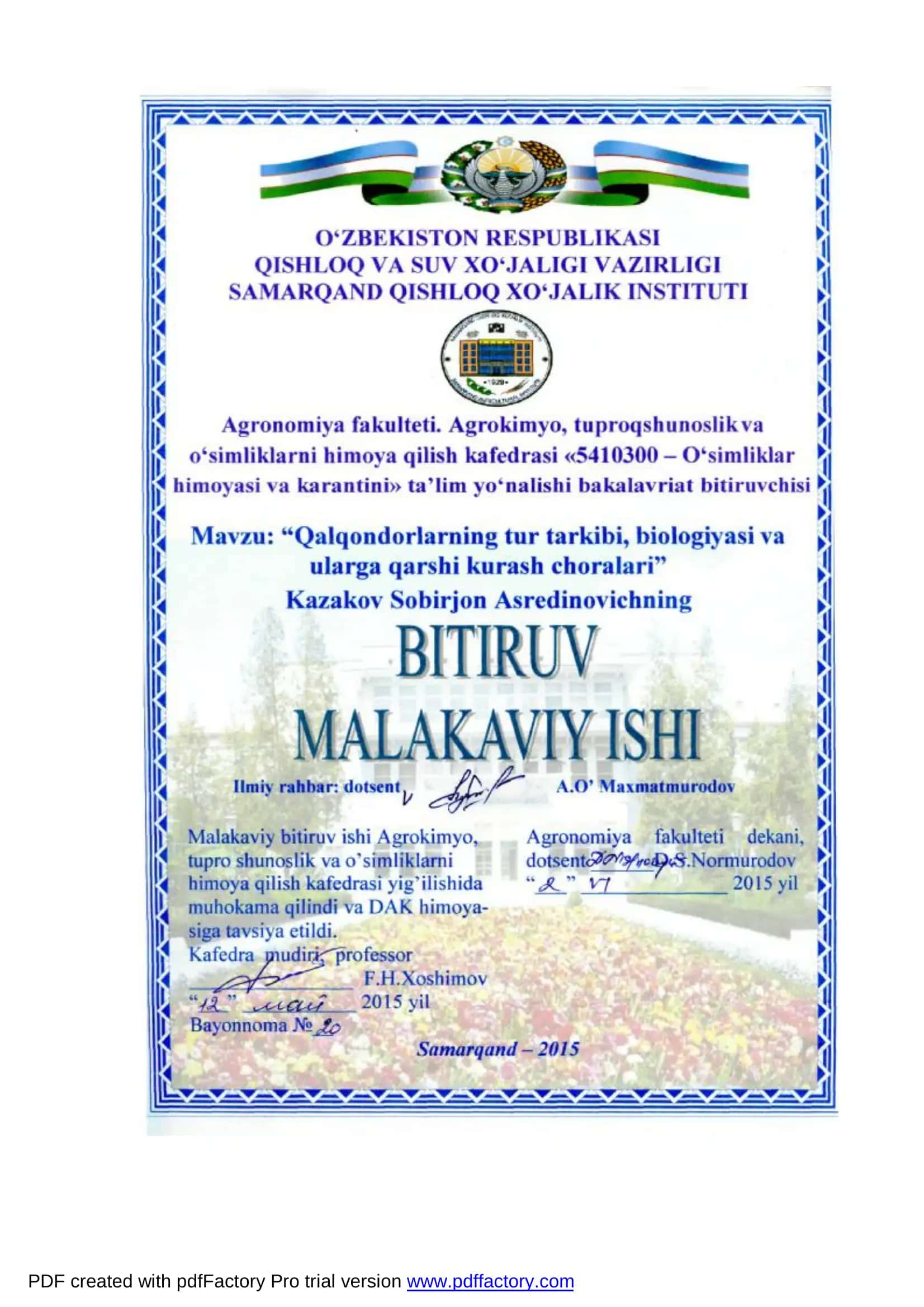 Qalqondorlarning tur tarkibi, biologiyasi va ularga qarshi kurash choralari