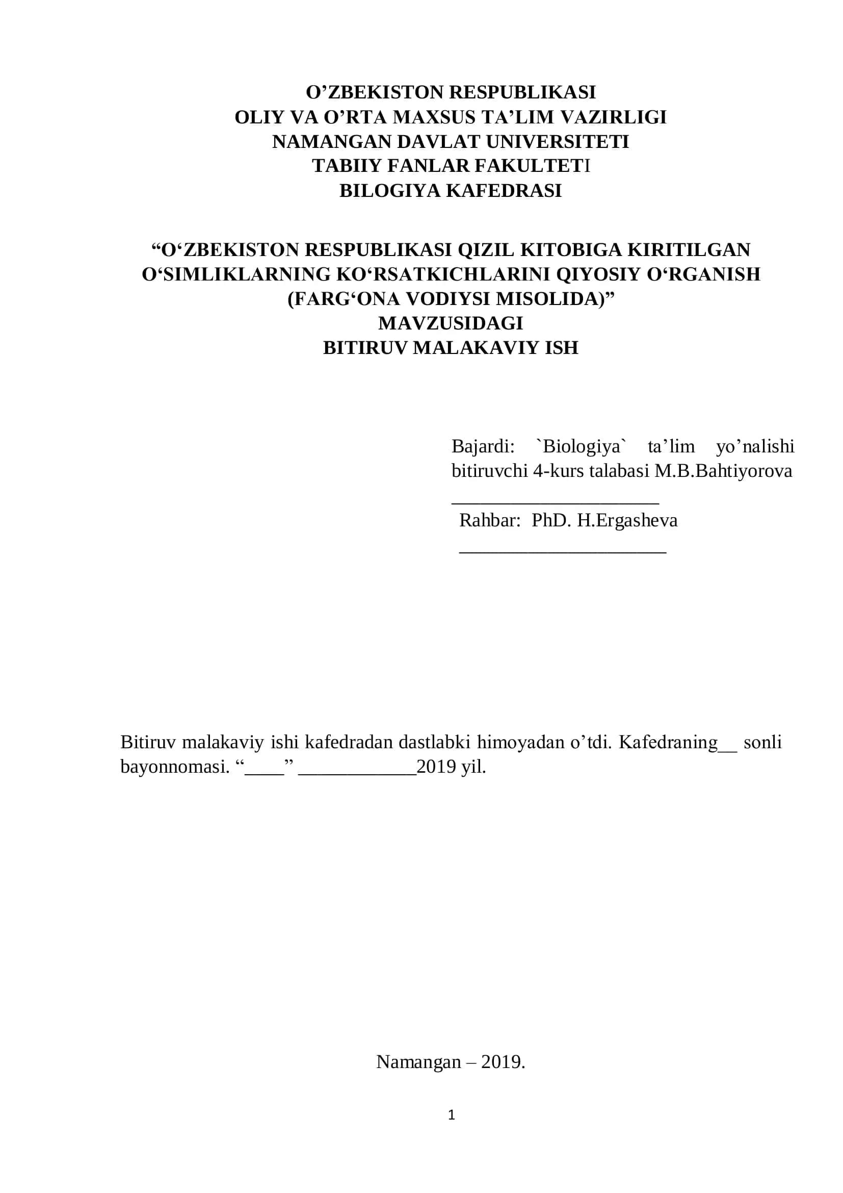 O'zbekiston Respublikasi Qizil Kitobiga Kiritilgan O' simliklarning Ko'rsatkichlarini Qiyosiy O'rganish (Farg'ona Vodiysi Misolida) Bitiruv Malakaviy Ish