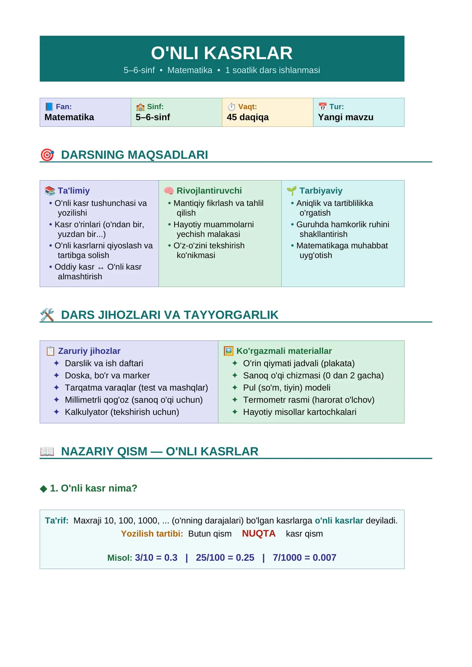 O'nli kasrlar (5-sinf uchun dars ishlanma)