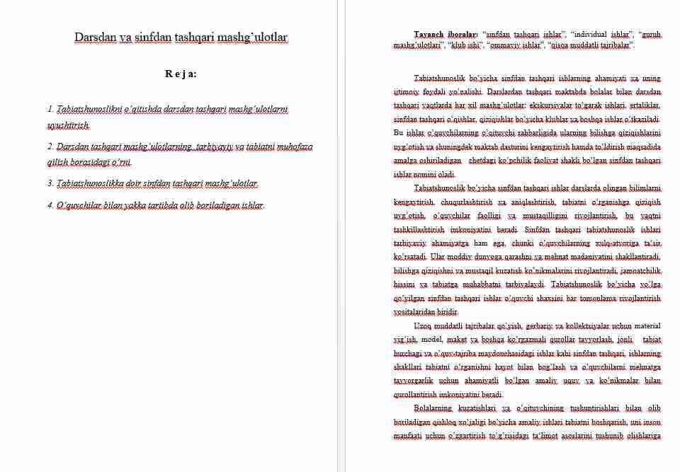Darsdan va sinfdan tashqari mashg’ulotlar 8 betdan iborat