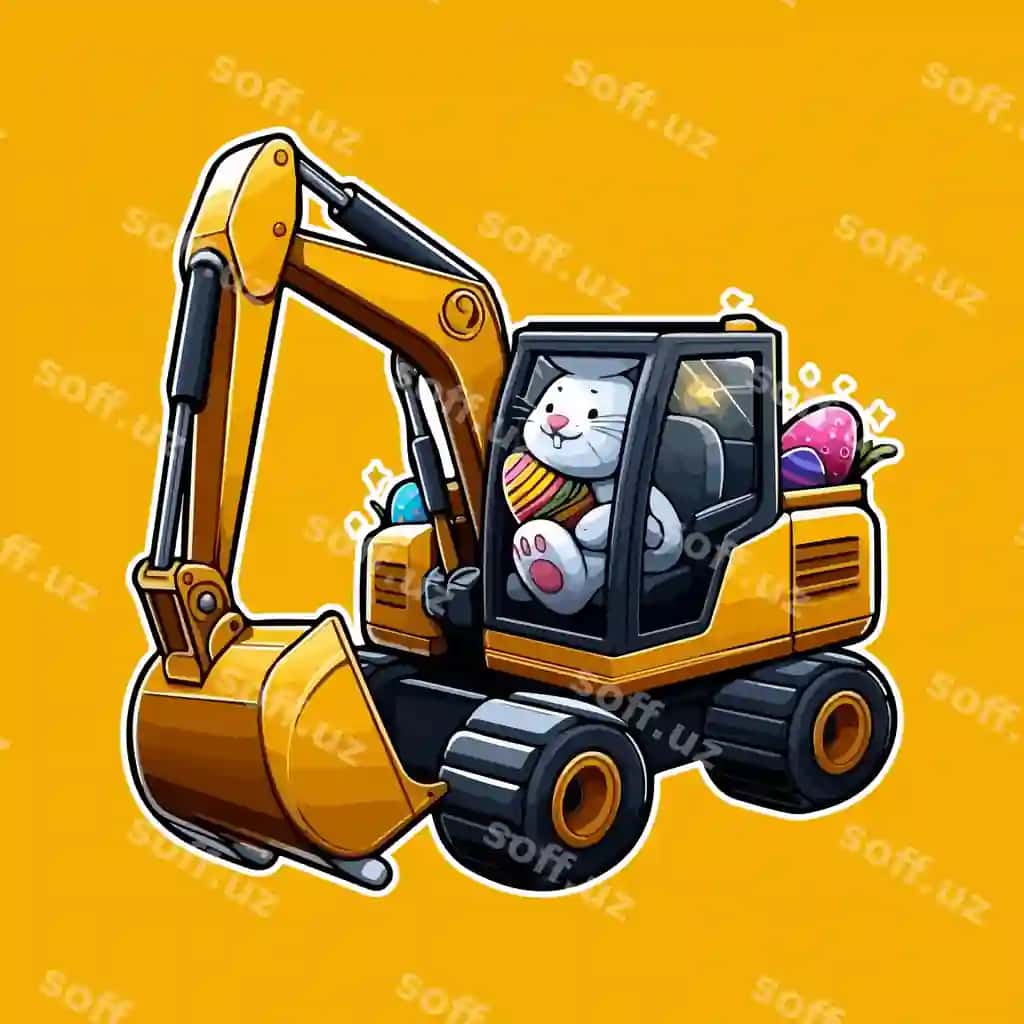 Chiroyli Paskha ajiqcha tulkining ekskavatorda tirashtirgan illustratsiyasi | Cute easter crazy rabbit riding excavator illustration