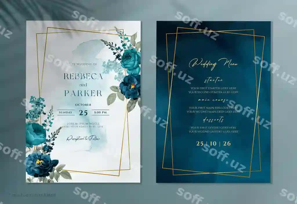 Akvaram nikoh taklifi ko'k yashil gulari bilan | Watercolor wedding invitation with navy blue teal flowers