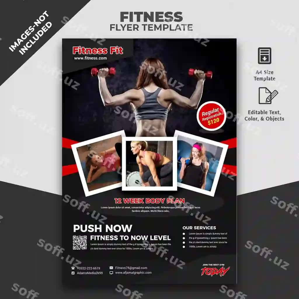 Plakat fitness markazi ayol og'irlik ko'tarayotgan | Poster fitness center with woman lifting weights