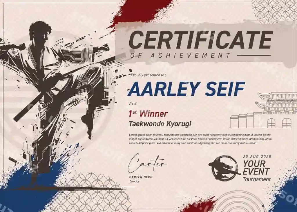 Janggi san'atlar guvohnomasi erishilgan natija Aarley Seif | Martial arts certificate achievement aarley seif