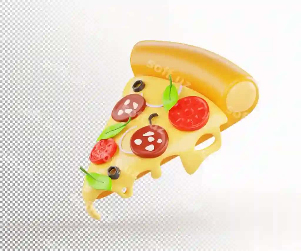 Pitsa donasi o'tkazilayotgan eritilgan pishloq va bazil yaproqlari 3d render ikonasi | Pizza slice with flowing melted cheese basil leaves 3d render icon