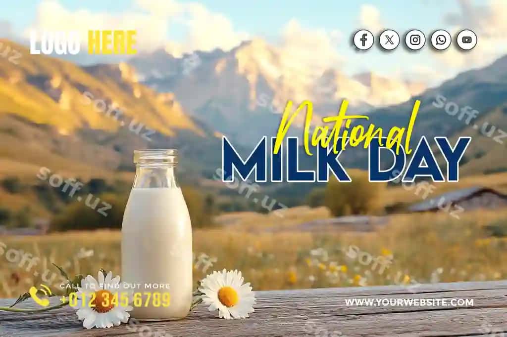 Milliy sut kuniga bag'li ijtimoiy tarmoqlar uchun baner plakat shabloni | National milk day social media banner poster template
