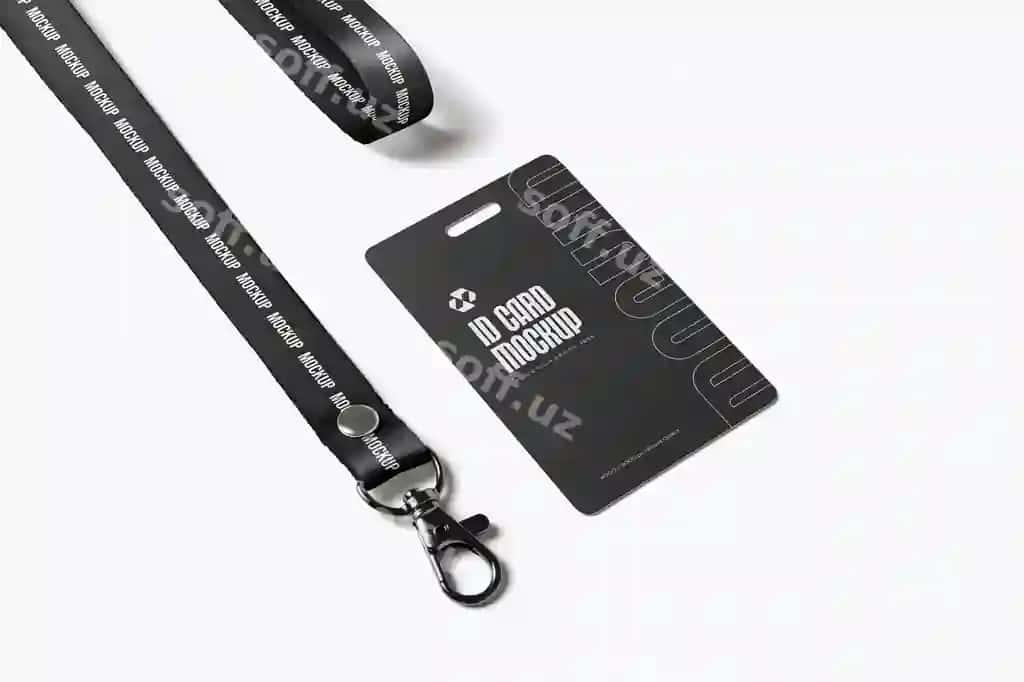 Qora identifikatsiya kartasi namunasi lanyard bilan oq fon. | Black id card mockup with lanyard white background
