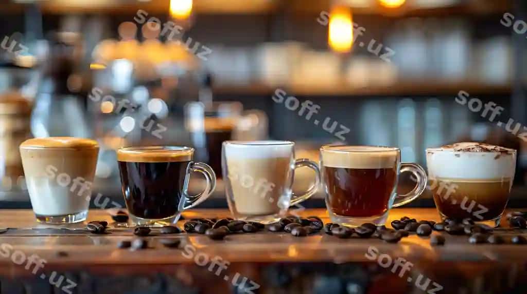 Turli xil kofe ichimliklari stakan chaynokalari yog'ochli stol | Assorted coffee drinks glass mugs wooden counter