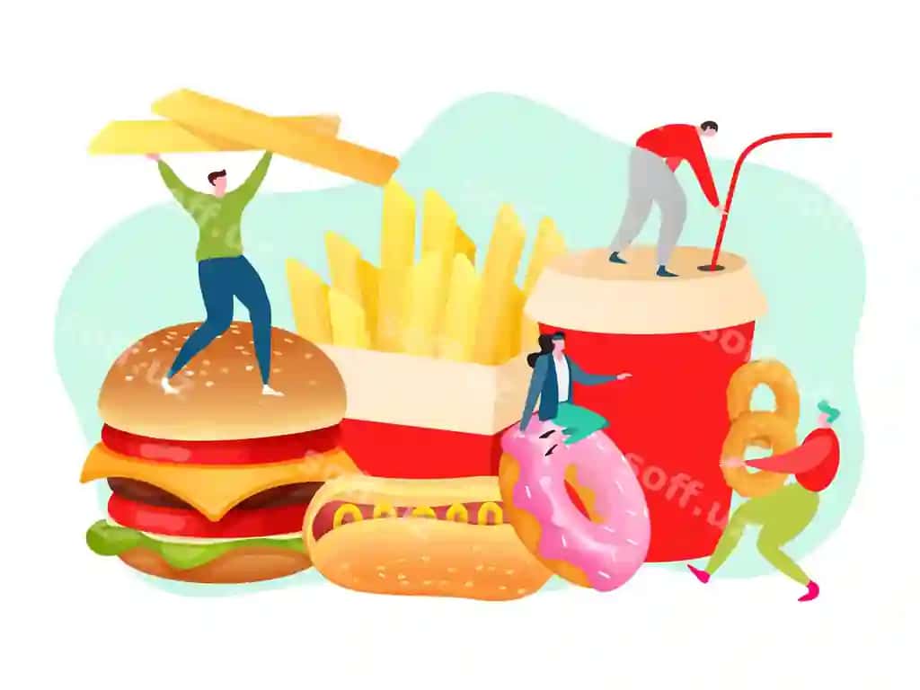 Fast food konseptsiyasi kichik odamlar: burger, kartoshka fri, hot dog, kola. | Fast food concept tiny people with burger french fries hot dog cola