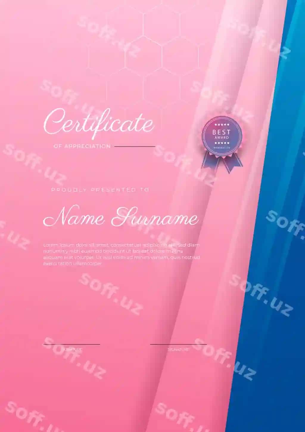 Zamonaviy chiroyli ko'k-pink sertifikat muvaffaqiyat shabloni belgi bilan | Modern elegant blue pink certificate achievement template with badge