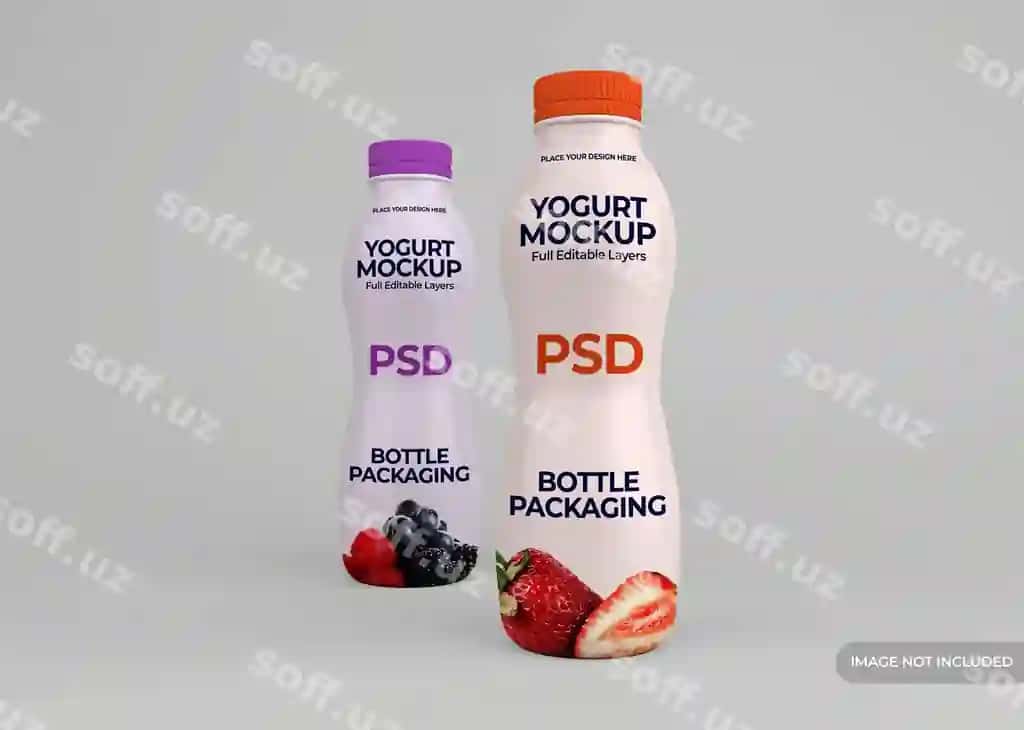 Yo'gurt shisha qadoqlash namuna dizayni ajraltirilgan | Yogurt bottle packaging mockup design isolated