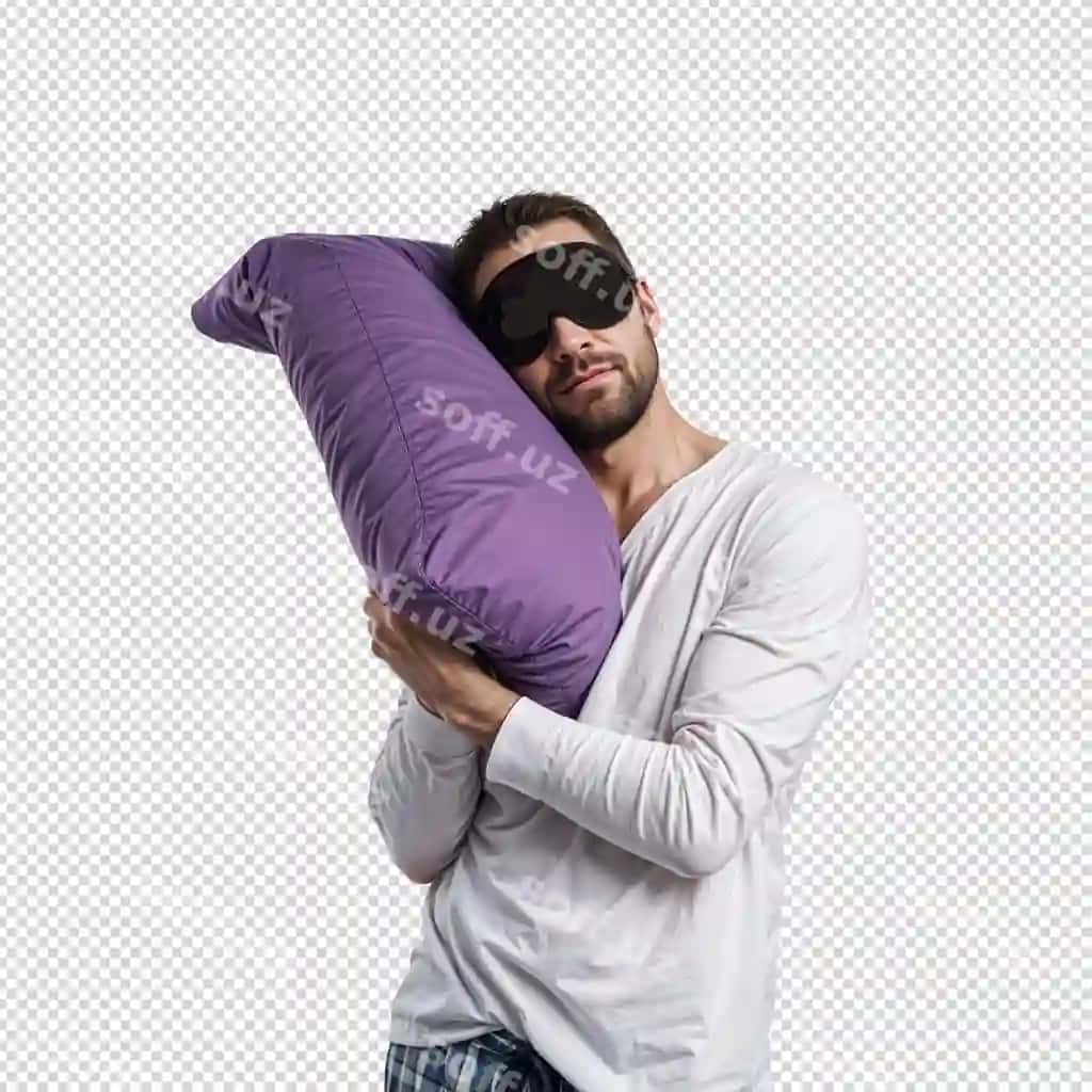 Erkak binafsha choynakni boshida tutmoqda. | Man with purple pillow his head is holding purple pillow