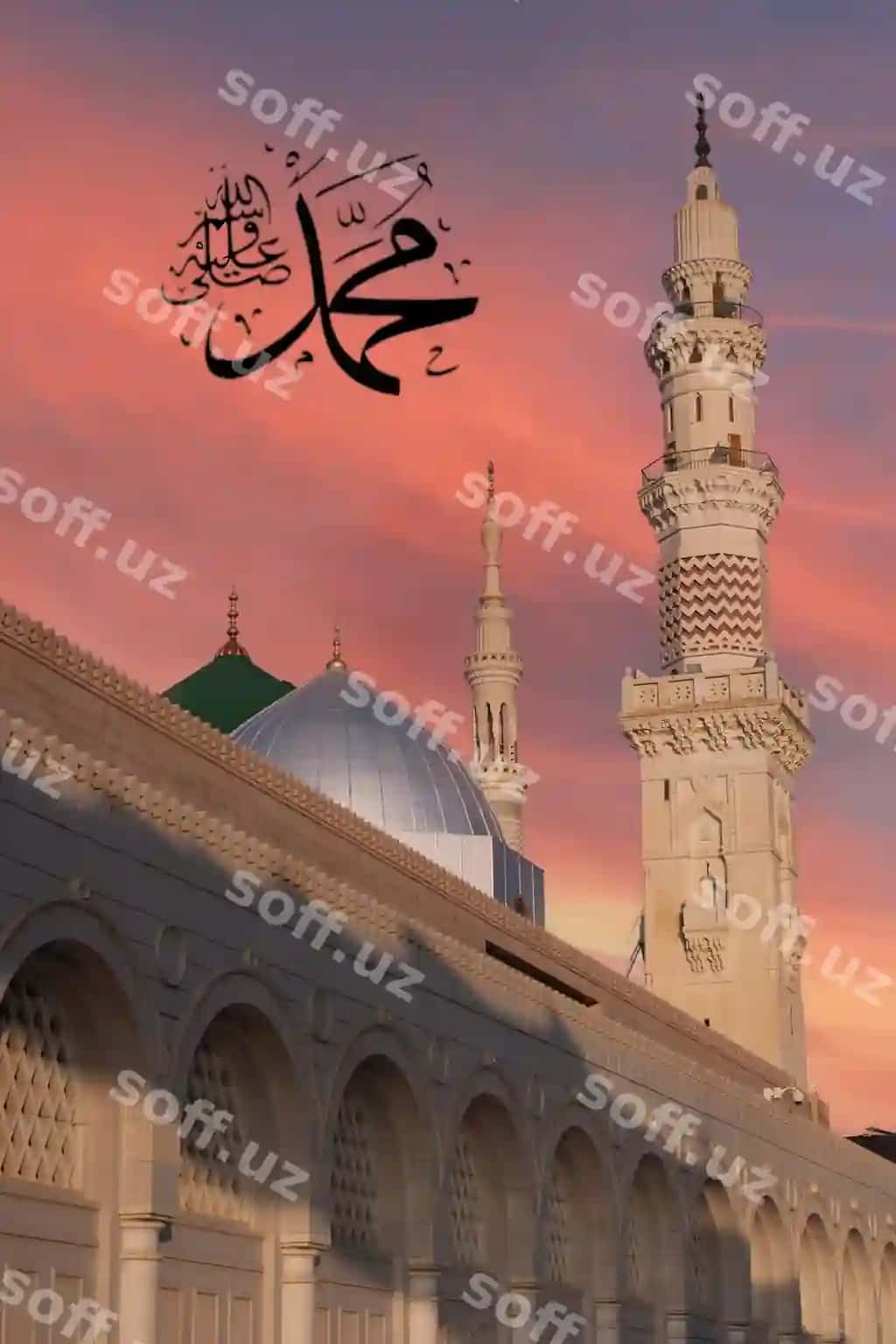 Muhammad prorat nomli masjid, Medina shahridagi Markaziy masjid, Nabi musoxirasidan yashil g'ismat. | Poster mosque with name prophet middle masjid nabi medina green dome