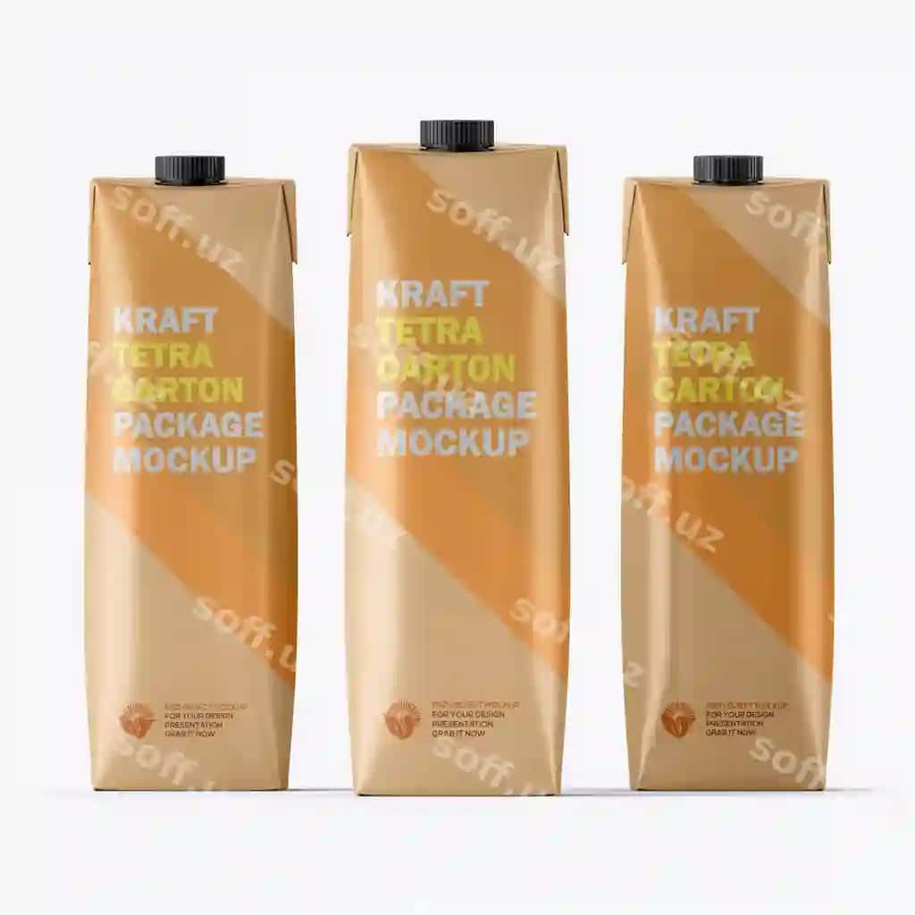 Kraft qog'oz shirin choy karton Tetra paket qadoqlash mockup | Kraft paper juice carton tetra packet packaging mockup
