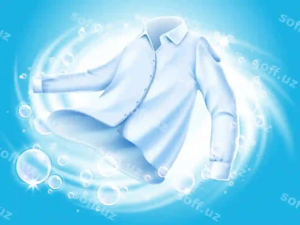 Yuvilgan oq kofte burilgan suv vosh vaftiring elementlari bilan ko'k fon | White shirt washed spun water with soap bubble elements blue background