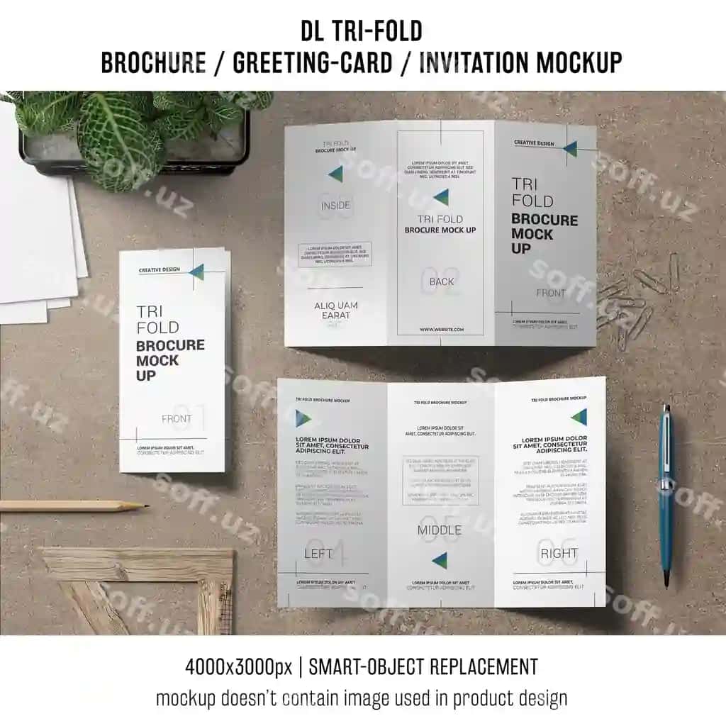 Trifold broşyura taklif mockup still life konseptsiyasi | Trifold brochure invitation mockup still life concept