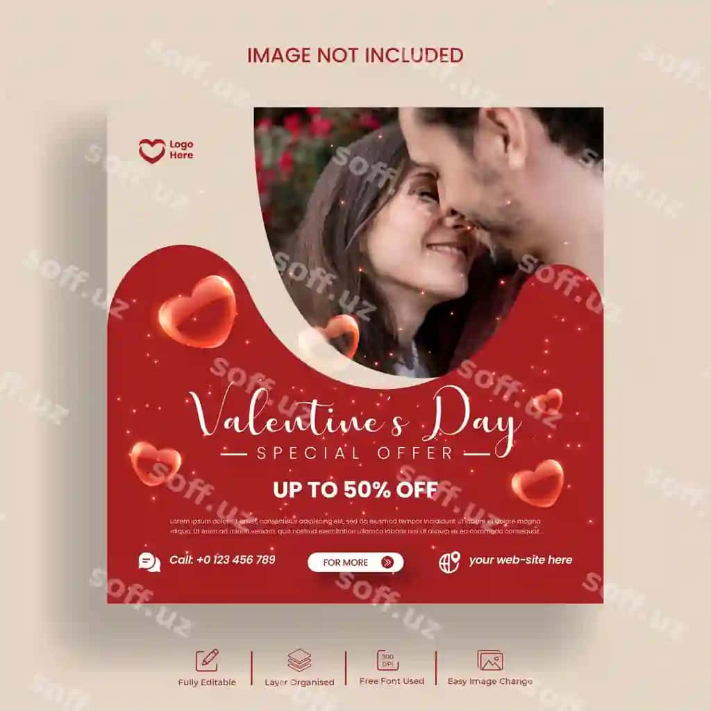 Baxromli Valyentyn kuni chegirmasi Instagram posti, ijtimoiy tarmoqlar posti banneri | Happy valentines day sale instagram post social media post banner