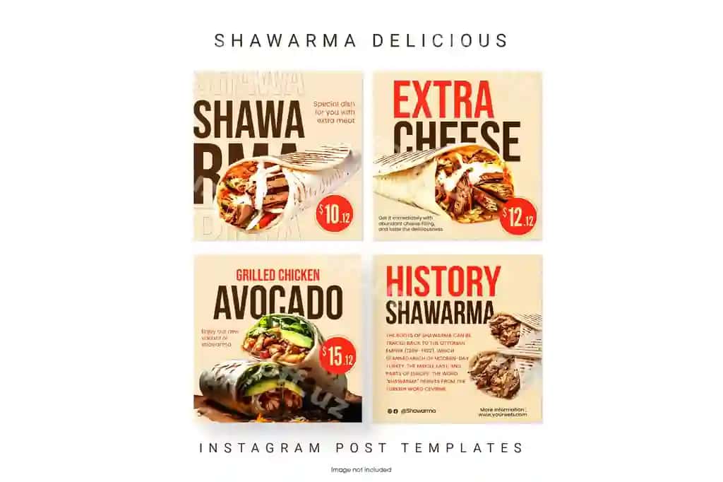 Mishol shaurma Instagram dizayn paketi ijtimoiy tarmoqlar posti paketi | Bundle delicious shawarma instagram pack design social media post
