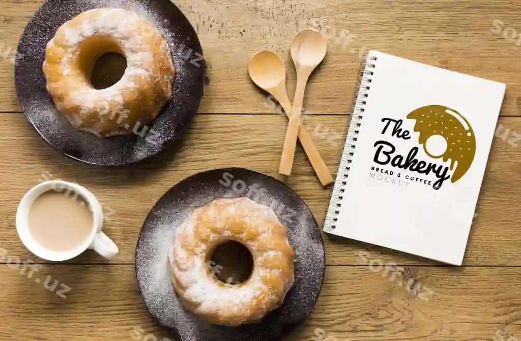Yuqori ko'rinishdagi daftar donatlar va kofe bilan | Top view notebook with donuts coffee