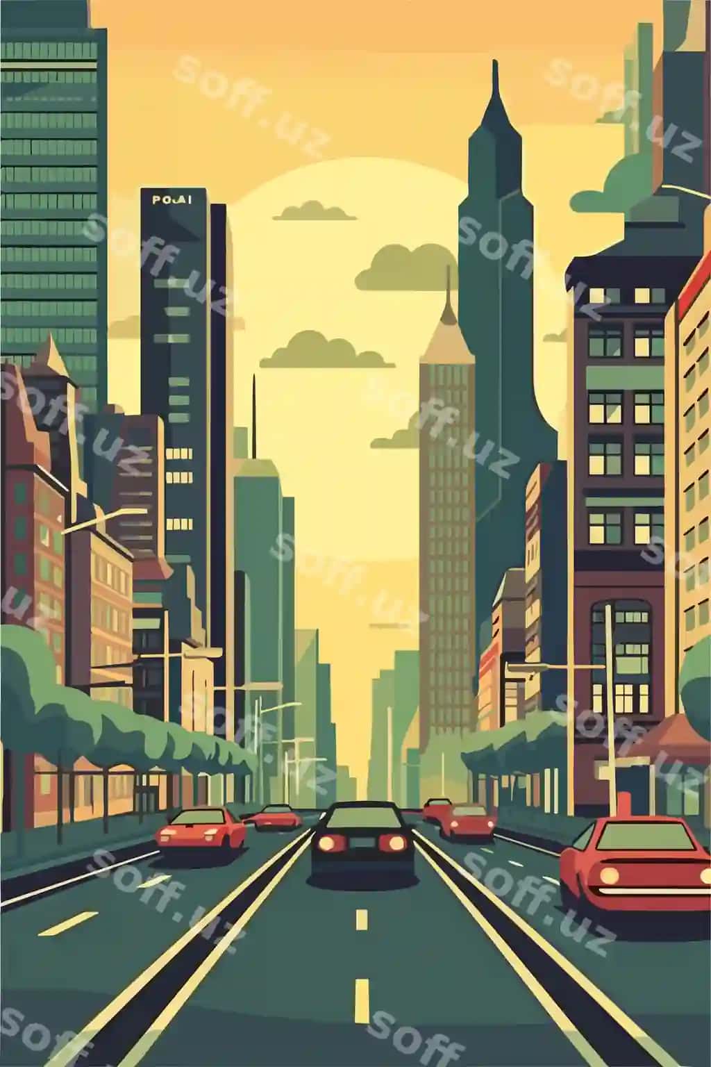 Germaniya katta shahar kechki vektor tekis illustratsiyasi | Germany big city evening vector flat illustration