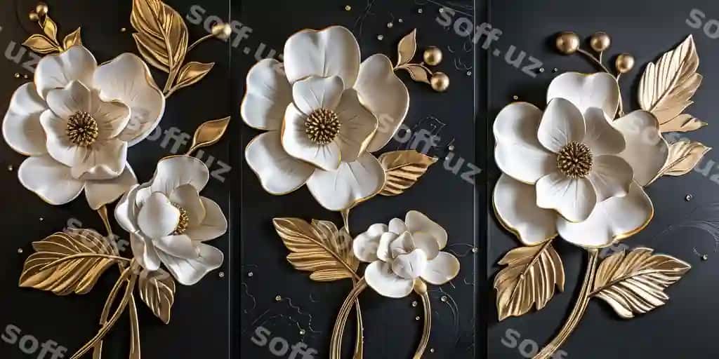 Elegant uch oʻlchovli gulli panelar oqqizil oltin gullar bilan | Elegant 3d floral panels with white gold flowers