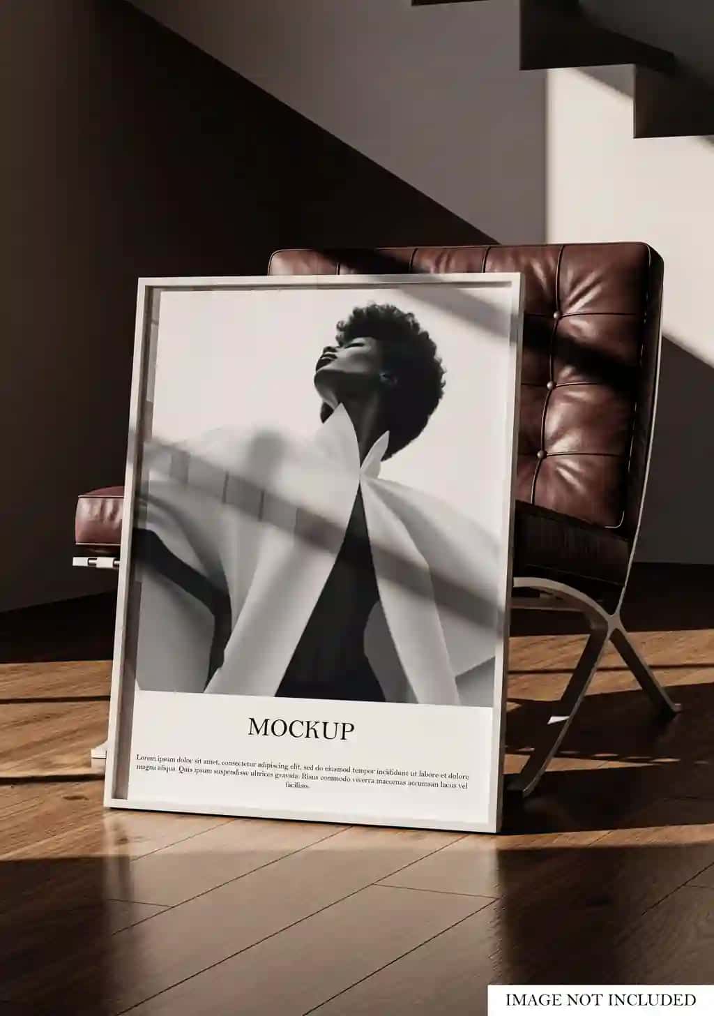 Badiiy portretli zamonaviy interyerga ega nafis ramkali plakat maket | Elegant framed poster mockup with artistic portrait modern interior