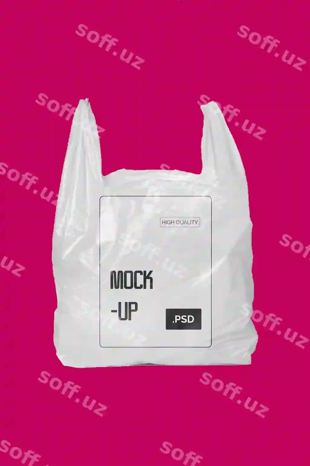 Oq plastik xarid sumkasi namuna magenta fon | White plastic shopping bag mockup magenta background