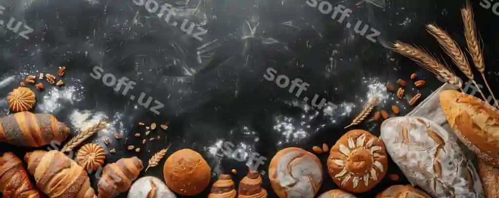 Yangi pishirilgan nonli piroq to'plami qora orqa fon | Freshly baked bread pastry assortment black background