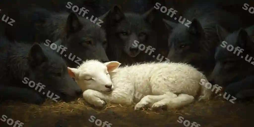 Qo'rqinchli bo'rilar orasida zaif qo'zichoq | Vulnerable lamb amidst menacing wolves