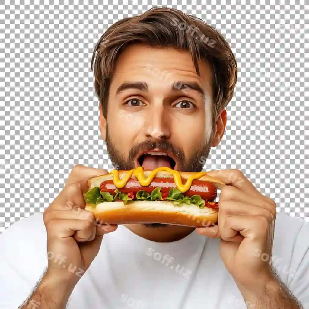 Png erkak hot-dog yeyotgan shaffof orqa fon AI tomonidan yaratilgan | Png man eating hot dog transparent background ai generated