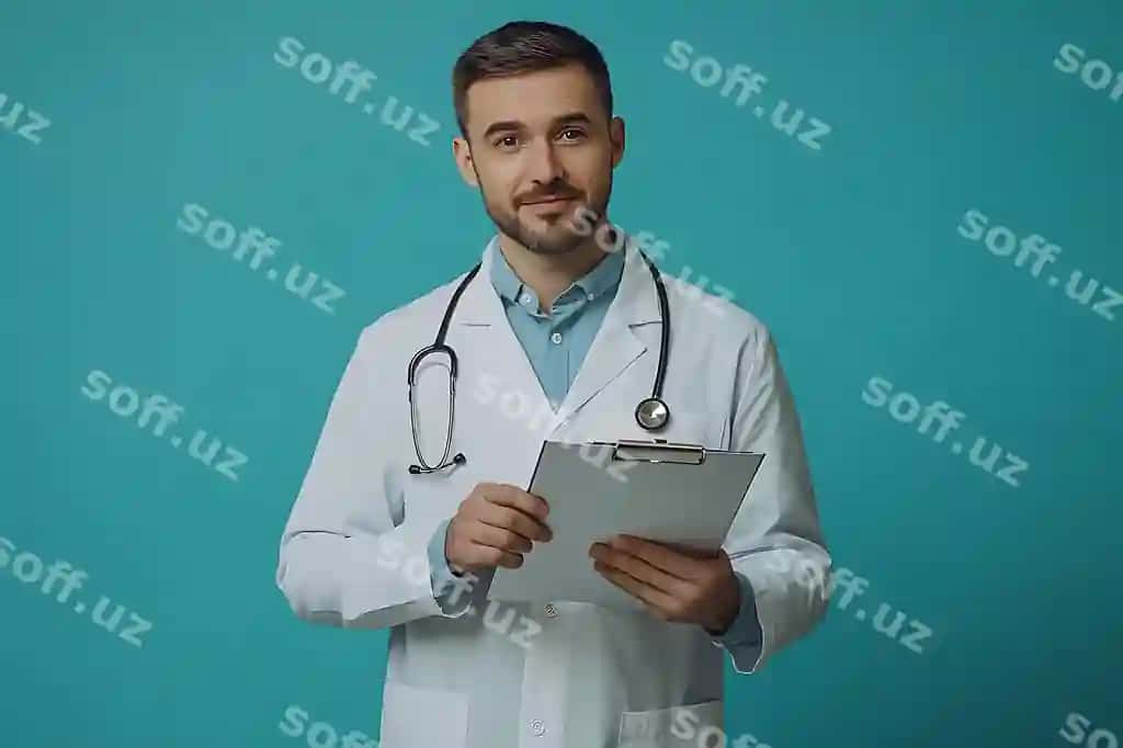 Foto portret o'zbek erkak doktor oq kurtka stetoskop bilan | Photo portrait confident male doctor white coat with stethoscope
