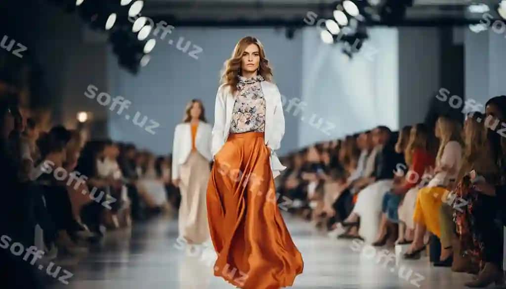 Model poklon bo'yi yurmoqda moda ko'rgazmasi poklon modeli poklon bo'yi yurmoqda | Model walking down runway fashion show runway model walking down runway