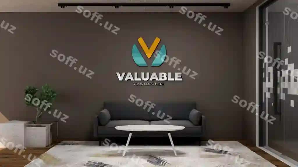 Kompaniya logotipi namunasi yong'liq ofis lobja kutish xonasi | Company logo mockup wooden office lobby waiting room