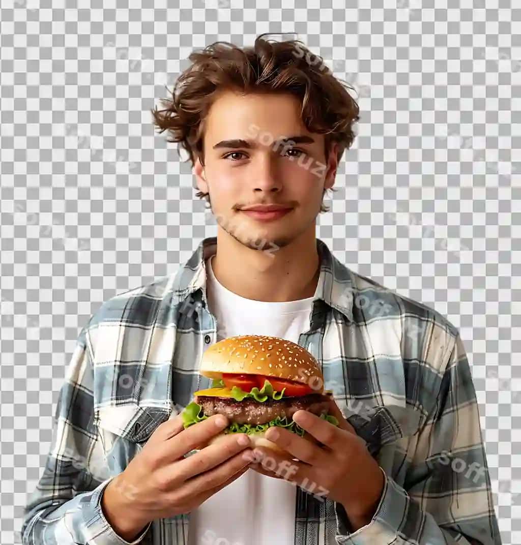 Yosh qafqaz etnikasi erkak burger tutgan, ajraltirilgan shaffoffonda. | Young caucasian man holding burger isolated transparent background