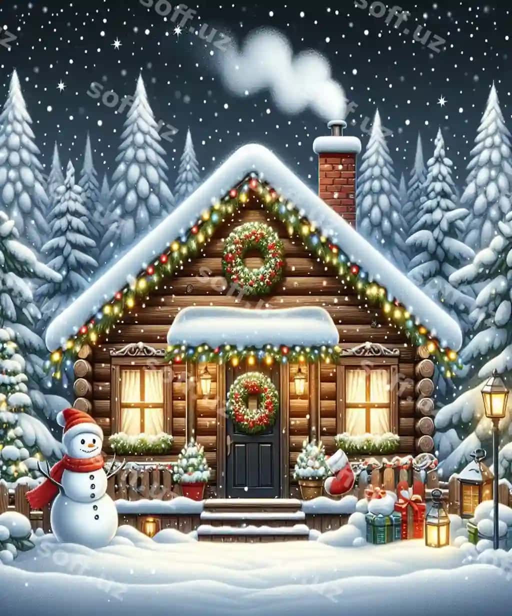 Qor bobosi kabinaning oldida turib, fonda qor bobosi. | Snowman is standing front cabin with snowman background